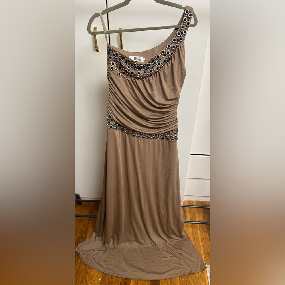 Moda Taupe Maxi Dress with Metallic Eyelet Trim lots of stretch L/XL